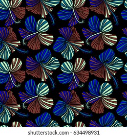 Aloha typography with hibiscus floral illustration for t-shirt print, seamless pattern vector illustration in brown, blue and green colors on black background.
