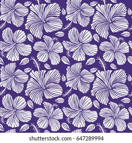 Aloha typography with hibiscus floral illustration for t-shirt print, seamless pattern vector illustration in white color on violet background.