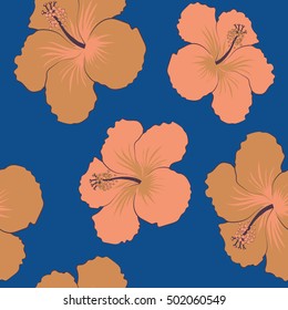 Aloha typography with hibiscus pattern. Floral illustration for t-shirt print, seamless pattern vector illustration on blue background.