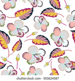 Aloha typography with hibiscus pattern. Floral illustration for t-shirt print, seamless pattern vector illustration on white background.