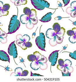 Aloha typography with hibiscus pattern. Floral illustration for t-shirt print, seamless pattern vector illustration on white background.