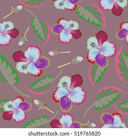 Aloha typography with hibiscus pattern. Floral illustration for t-shirt print, seamless pattern vector illustration on gray background.