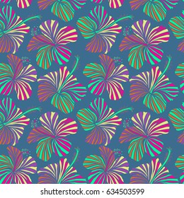 Aloha typography with hibiscus pattern. Floral illustration for t-shirt print, seamless pattern vector illustration on blue background.
