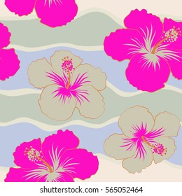 Aloha typography with magenta and neutral hibiscus floral illustration for t-shirt print, seamless pattern Vector illustration.