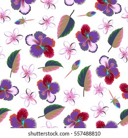 Aloha typography with multicolored hibiscus pattern. Floral illustration for t-shirt print, seamless pattern vector illustration on white background.