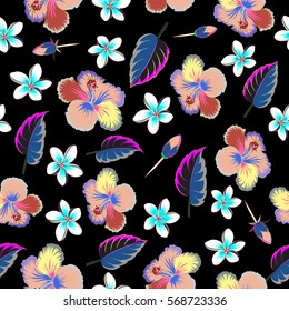 Aloha typography with multicolored hibiscus pattern. Floral illustration for t-shirt print, seamless pattern vector illustration on black background.