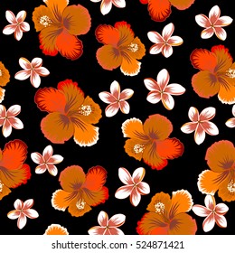 Aloha typography with orange, brown and red hibiscus floral illustration for t-shirt print, seamless pattern Vector illustration.