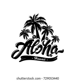 Aloha typography with Palm tree and hibiscus. Vector illustration for t-shirt print .Hawaii. Black and white
