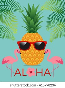 Aloha typography with pineapple and sunglasses on palm leaf and flamingo background. Summer holidays concept illustration vector.