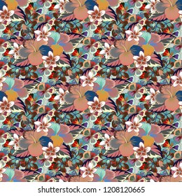 Aloha typography with pink, gray and brown hibiscus floral illustration for t-shirt print, seamless pattern Vector illustration.