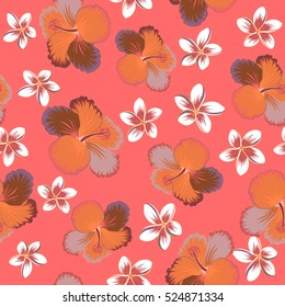 Aloha typography with pink, neutral and orange hibiscus floral illustration for t-shirt print, seamless pattern Vector illustration.