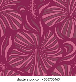 Aloha typography with purple and pink hibiscus floral illustration for t-shirt print, seamless pattern Vector illustration.