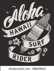 Aloha Typography With Surfboard Illustration For T-shirt Print , Vector Illustration.