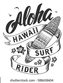 Aloha Typography With Surfboard Illustration For T-shirt Print , Vector Illustration.