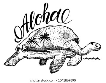 Aloha typography with turtle illustration. Turtle in tattoo style. Isolated vector illustration. Ideal for coloring page, shirt design effect, logo, tattoo and decoration.
