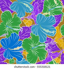 Aloha typography with violet, blue and yellow hibiscus floral illustration for t-shirt print, seamless pattern Vector illustration.
