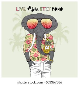 Aloha vacation poster, anthropomorphic illustration of elephant on holidays