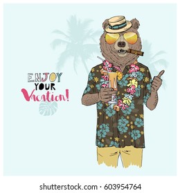 Aloha vacation poster, anthropomorphic illustration of bear on holidays