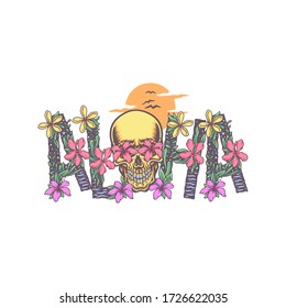 Aloha vector illustration with skull, hand drawn line with digital color