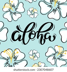 Ilustración con letras vectoriales de Aloha en fondo azul con flores tropicales
