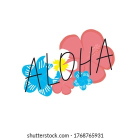 aloha vector lettering with tropic flowers	