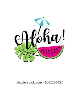 Aloha and watermelon slice, creative inscription badge for your design. Vector flat style cartoon illustration