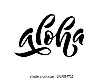 Aloha word lettering. Hand drawn summer quote aloha hawaii. Vector illustration for print on shirt, card, etc. Black and white. Hawaiian text hello phrase.