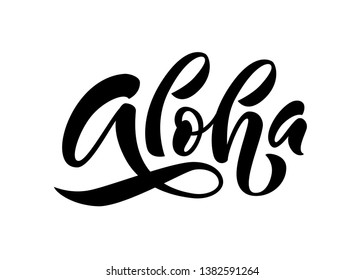 Aloha word lettering. Hand drawn summer quote aloha hawaii. Vector illustration for print on shirt, card, etc. Black and white. Hawaiian text hello phrase.