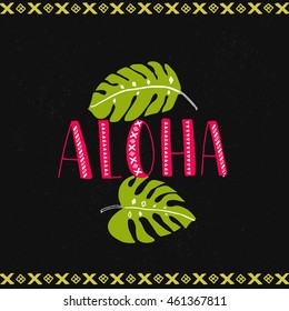Aloha word with tropical leaves at dark background. Hawaiian vector design