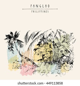 Alona beach, Panglao island, The Philippines, Asia. Book illustration. Hand drawn vintage postcard or poster template in vector