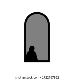 "Alone" art vector illustration depicts a person standing by a window, sad and lonely, in a black and gray combination