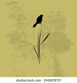 Un pájaro solitario encaramado sobre la hierba. Silueta de dibujo negro sobre fondo texturado.
