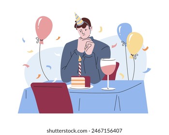 Alone at birthday. Young guy sitting at table with cake and wine. Sad or somber boy, single man reminiscing friends and family, kicky vector scene