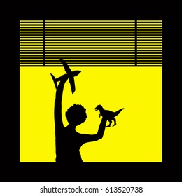 Alone  boy playing with plane and dinosaur before the window with venetian blinds.Street view at night.