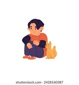 Alone cute boy sits on floor with stuffed cat. Single happy child talks with his favourite soft friend. Kid plays with toy. Flat isolated vector illustration on white background