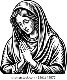 Alone female praying silhouette black and white