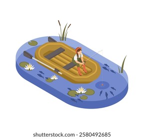 Alone fishing woman with rod sitting in rubber boan in pond. Female character rest on nature, on lake or river and fish. Fisherwoman vector isometric scene