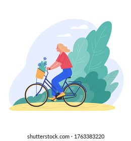 Alone At The Fresh Air. Vector Illustration Of Young Cartoon Blond Woman Riding Bicycle In The Park. Isolated On White