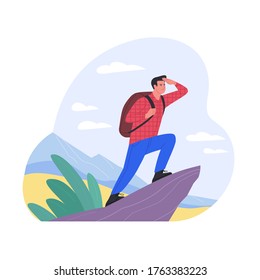 Alone at the fresh air. Vector illustration of young cartoon brunette hiking man, standing on the edge of a cliff and looking into the distance. Isolated on white