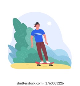 Solo al aire libre. Imagen vectorial del joven caricaturista patinando en un parque. Aislado sobre blanco