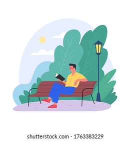 Alone at the fresh air. Vector illustration of young cartoon brunette man reading a book on a park bench. Isolated on white