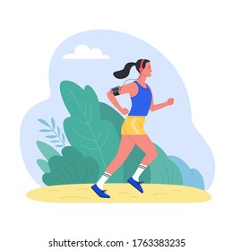 Alone at the fresh air. Vector illustration of young cartoon brunette woman jogging in the park. Isolated on white