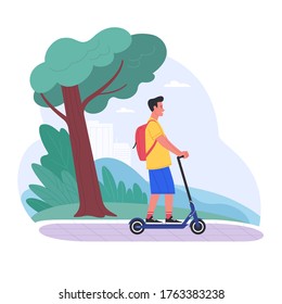 Alone at the fresh air. Vector illustration of young cartoon brunette guy riding electric scooter in the park. Isolated on white