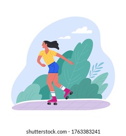Solo al aire libre. Dibujo vectorial de una joven morena de dibujos animados volando en el parque. Aislado sobre blanco