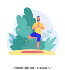 Alone at the fresh air. Vector illustration of young cartoon brunette man, doing yoga in the park. Isolated on white