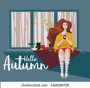 Alone girl autumn mood illustration. Girl and Warm Cup of Tea. Romantic girl sitting on with hot tea drinking. 