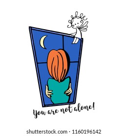 Alone girl. Sad character standing behind window with moon light. Cute angel. Stock vector illustration.