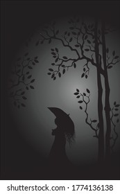 alone girl walking in the rain night scenery vector illustration