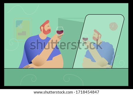 Alone guy drinkin wine home in front of mirror with himself. Stay home and enjoy your alone days on this lockdown days