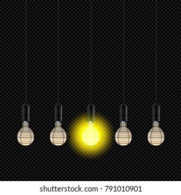 Alone Lamp Shine among Extinct on Transparent Background - Concept Vector Yellow Radiant Lampbulbs Halo
